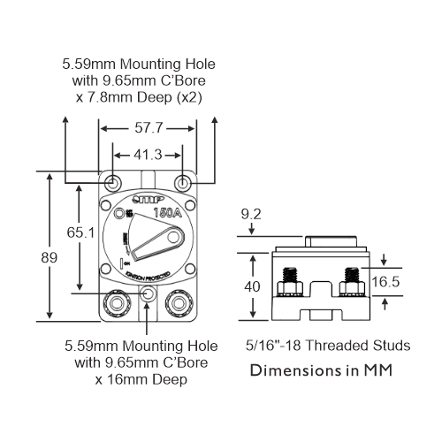 Mechanical Products 875-S1 Marine Rated Circuit Breaker Dimensions
