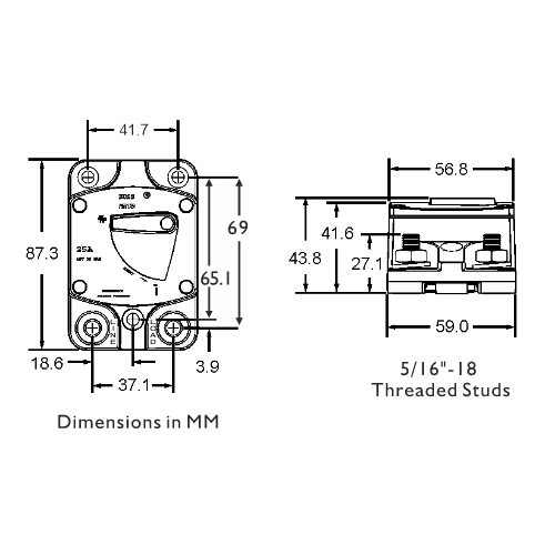 Bussmann 187 Marine Surface Mount Circuit Breaker Dimensions