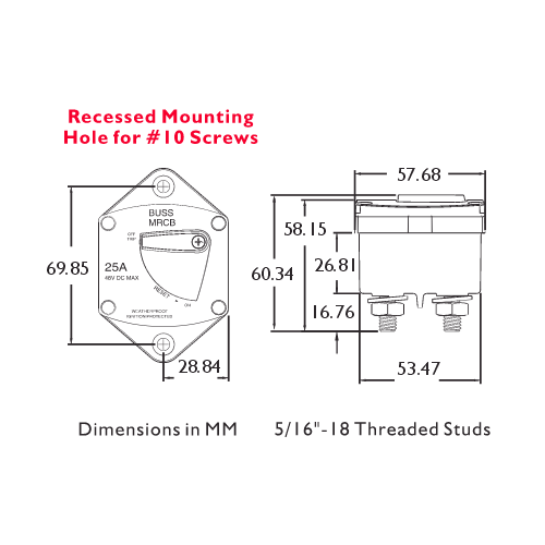 Bussmann 187 Marine Rated Panel Mount Circuit Breaker Dimensions