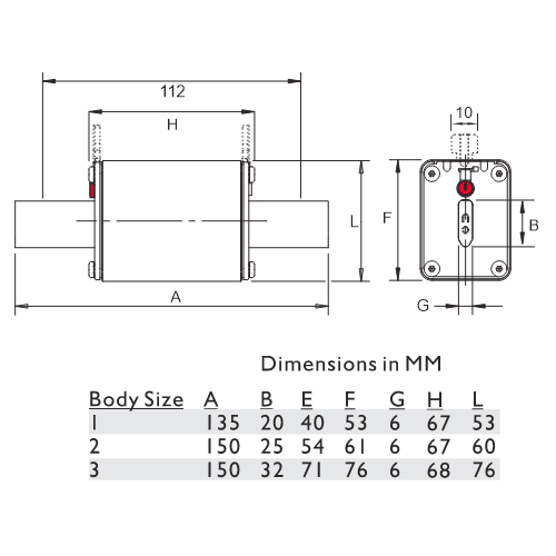 Bussmann PV-ANH2 Fuse Dimensions