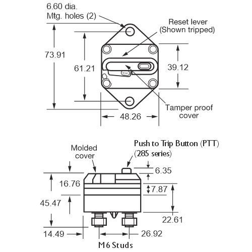 Bussmann 285 Hi-Amp Panel Mount Circuit Breaker Dimensions