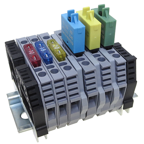 Din Rail mount holder fitted with Auto Fuses, Auto Circuit Breakers, spacers and end stops
