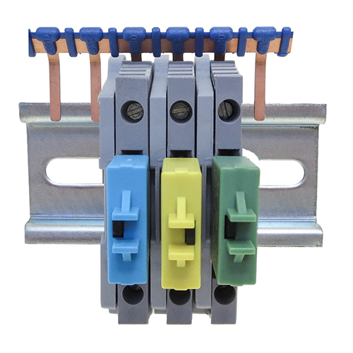 Din Rail mount holder fitted with Auto Circuit Breakers, 3mm spacers and jumpers