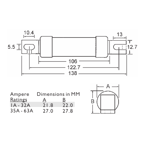 Bussmann KC36 Traction Fuse Dimensions