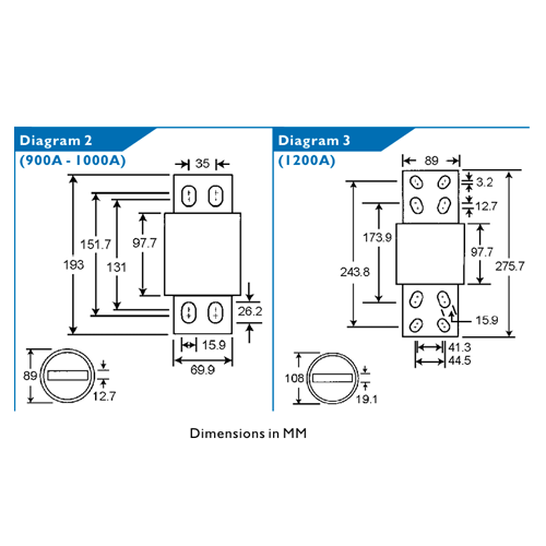 Bussmann FWP Fuse Dimensions (900A to 1200A)